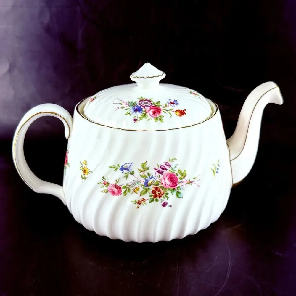Vintage Minton Bone China Teapot Marlow S309 Floral Gold Trim England
